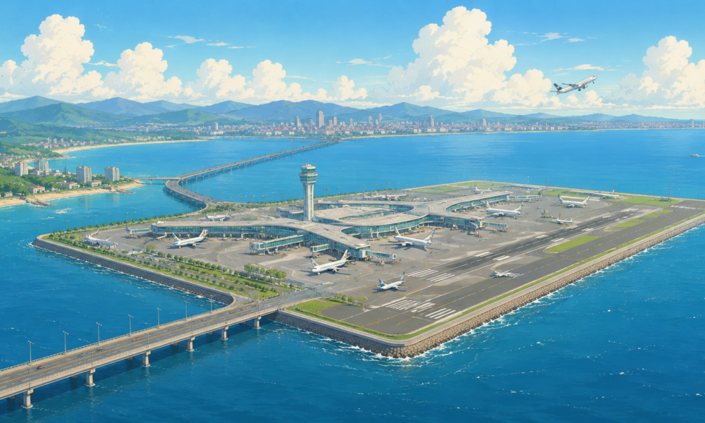 Studio Ghibli style illustration of a proposed offshore airport connected to the mainland by a long bridge, with aircraft, terminal buildings and the Arabian Sea representing the Palghar airport project.