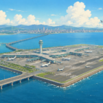 Studio Ghibli style illustration of a proposed offshore airport connected to the mainland by a long bridge, with aircraft, terminal buildings and the Arabian Sea representing the Palghar airport project.