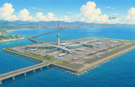 Studio Ghibli style illustration of a proposed offshore airport connected to the mainland by a long bridge, with aircraft, terminal buildings and the Arabian Sea representing the Palghar airport project.