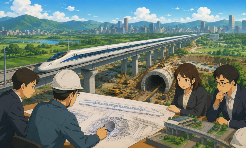 Studio Ghibli style illustration of engineers reviewing bullet train infrastructure plans as a high speed train travels across an elevated corridor with tunnels, bridges and a modern Indian city in the background.