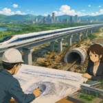 Studio Ghibli style illustration of engineers reviewing bullet train infrastructure plans as a high speed train travels across an elevated corridor with tunnels, bridges and a modern Indian city in the background.