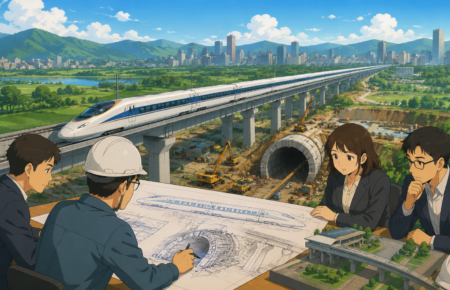 Studio Ghibli style illustration of engineers reviewing bullet train infrastructure plans as a high speed train travels across an elevated corridor with tunnels, bridges and a modern Indian city in the background.