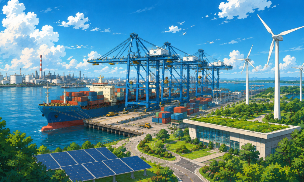 Studio Ghibli style illustration of a sustainable modern port featuring cargo ships, container cranes, wind turbines and solar panels promoting green maritime infrastructure.