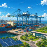 Studio Ghibli style illustration of a sustainable modern port featuring cargo ships, container cranes, wind turbines and solar panels promoting green maritime infrastructure.