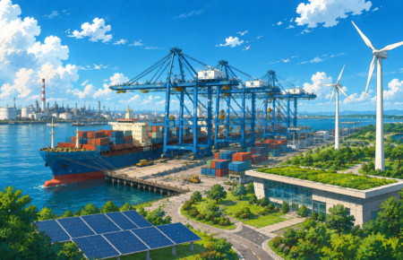Studio Ghibli style illustration of a sustainable modern port featuring cargo ships, container cranes, wind turbines and solar panels promoting green maritime infrastructure.