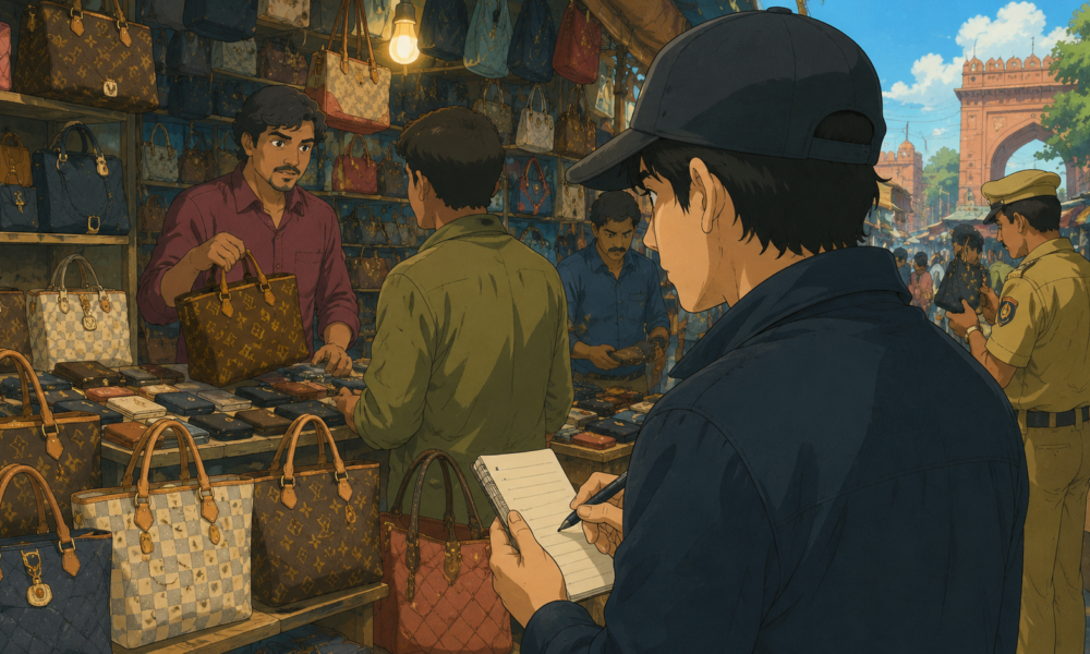 Secret investigator posing as a shopper in an Indian market to identify counterfeit luxury handbags as police crack down on fake products.