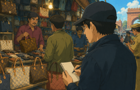 Secret investigator posing as a shopper in an Indian market to identify counterfeit luxury handbags as police crack down on fake products.