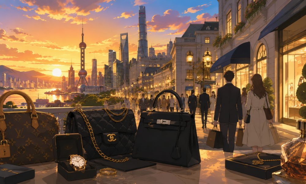 Studio Ghibli-style illustration of luxury shoppers walking past high-end boutiques with designer handbags and accessories in a modern luxury shopping district.