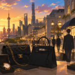 Studio Ghibli-style illustration of luxury shoppers walking past high-end boutiques with designer handbags and accessories in a modern luxury shopping district.