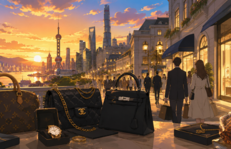 Studio Ghibli-style illustration of luxury shoppers walking past high-end boutiques with designer handbags and accessories in a modern luxury shopping district.