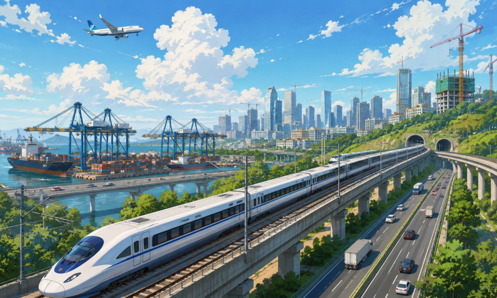 Illustration of India's modern infrastructure featuring a high speed bullet train, expressway, cargo port, city skyline, airport and construction projects.