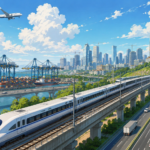 Illustration of India's modern infrastructure featuring a high speed bullet train, expressway, cargo port, city skyline, airport and construction projects.