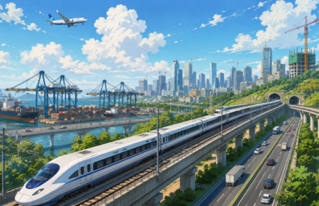Illustration of India's modern infrastructure featuring a high speed bullet train, expressway, cargo port, city skyline, airport and construction projects.