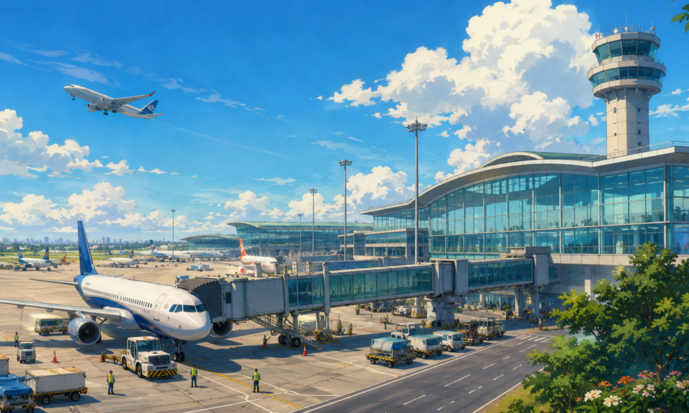 Studio Ghibli style illustration of a modern international airport with passenger aircraft, terminal building, air traffic control tower and aviation infrastructure under a bright blue sky.
