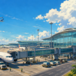 Studio Ghibli style illustration of a modern international airport with passenger aircraft, terminal building, air traffic control tower and aviation infrastructure under a bright blue sky.