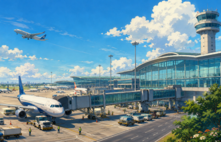 Studio Ghibli style illustration of a modern international airport with passenger aircraft, terminal building, air traffic control tower and aviation infrastructure under a bright blue sky.