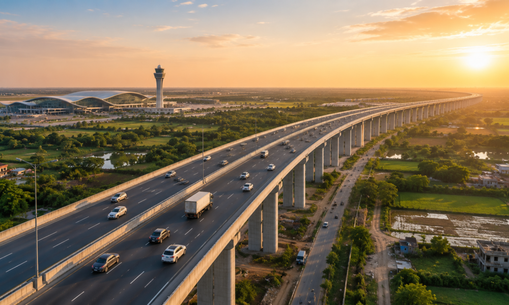 Promotional graphic showing a long elevated expressway stretching across green landscapes near an airport terminal and control tower, highlighting NHAI's proposed 31-km elevated corridor connecting East Delhi and the upcoming Noida International Airport at Jewar.