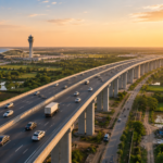 Promotional graphic showing a long elevated expressway stretching across green landscapes near an airport terminal and control tower, highlighting NHAI's proposed 31-km elevated corridor connecting East Delhi and the upcoming Noida International Airport at Jewar.