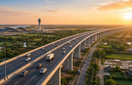 Promotional graphic showing a long elevated expressway stretching across green landscapes near an airport terminal and control tower, highlighting NHAI's proposed 31-km elevated corridor connecting East Delhi and the upcoming Noida International Airport at Jewar.