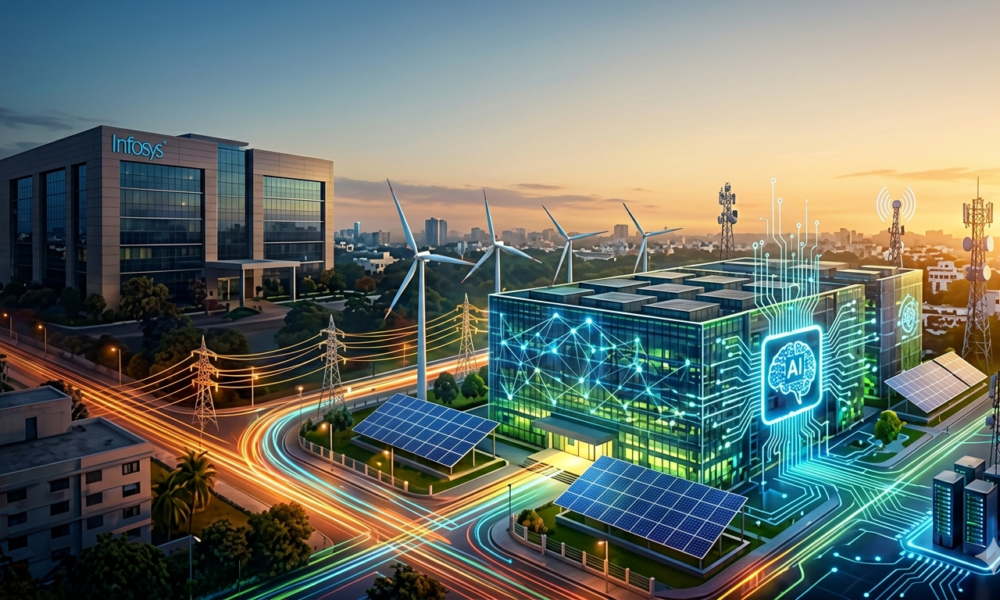 A complex digital illustration of a corporate campus and city at dusk, featuring a modern office building with an "Infosys" logo on the left and a futuristic glowing datacenter with a stylized "AI" brain icon on the right, connected by power lines with colorful glowing light trails and surrounded by wind turbines and solar panels.