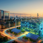 A complex digital illustration of a corporate campus and city at dusk, featuring a modern office building with an "Infosys" logo on the left and a futuristic glowing datacenter with a stylized "AI" brain icon on the right, connected by power lines with colorful glowing light trails and surrounded by wind turbines and solar panels.