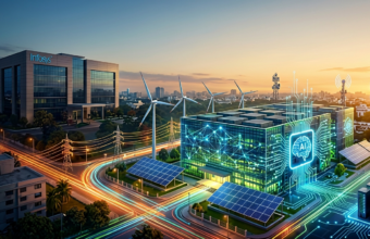 A complex digital illustration of a corporate campus and city at dusk, featuring a modern office building with an "Infosys" logo on the left and a futuristic glowing datacenter with a stylized "AI" brain icon on the right, connected by power lines with colorful glowing light trails and surrounded by wind turbines and solar panels.