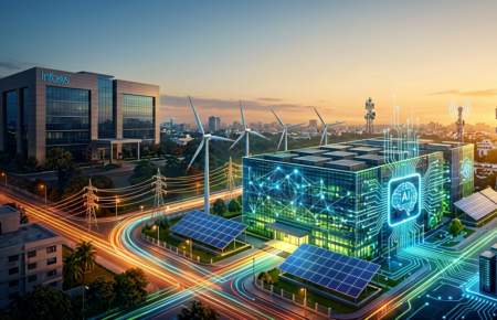 A complex digital illustration of a corporate campus and city at dusk, featuring a modern office building with an "Infosys" logo on the left and a futuristic glowing datacenter with a stylized "AI" brain icon on the right, connected by power lines with colorful glowing light trails and surrounded by wind turbines and solar panels.