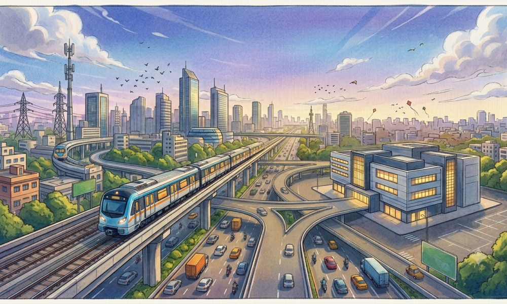A colorful, watercolor-style illustration of a bustling city featuring a elevated metro train traveling along tracks above a multi-lane highway, with modern office buildings and lush trees in the background under a sunny sky.