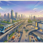 A colorful, watercolor-style illustration of a bustling city featuring a elevated metro train traveling along tracks above a multi-lane highway, with modern office buildings and lush trees in the background under a sunny sky.