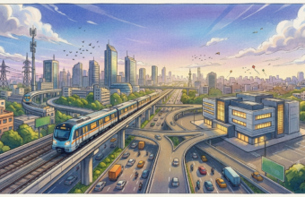 A colorful, watercolor-style illustration of a bustling city featuring a elevated metro train traveling along tracks above a multi-lane highway, with modern office buildings and lush trees in the background under a sunny sky.