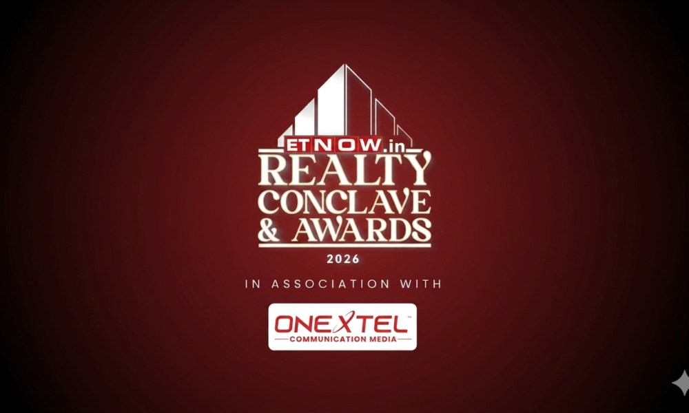 he official logo for the "ET Now.in Realty Conclave & Awards 2026," featuring the event title and the tagline "In association with OneXtel Communication Media" against a dark red gradient background.