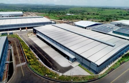 Modern logistics park and warehousing infrastructure in Gujarat.