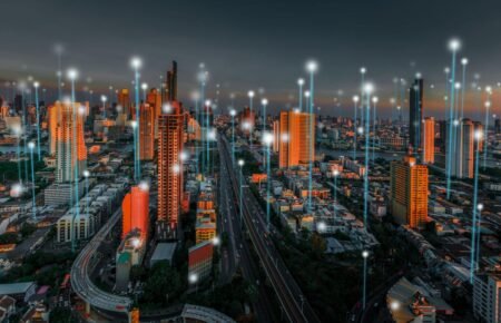 Modern smart city infrastructure featuring connected urban technologies.