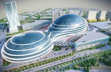 Modern railway station redevelopment and passenger infrastructure project in India.