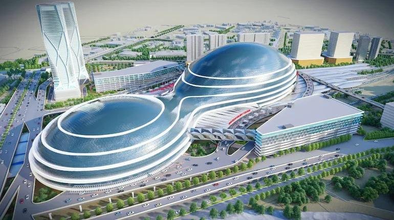 Modern railway station redevelopment and passenger infrastructure project in India.