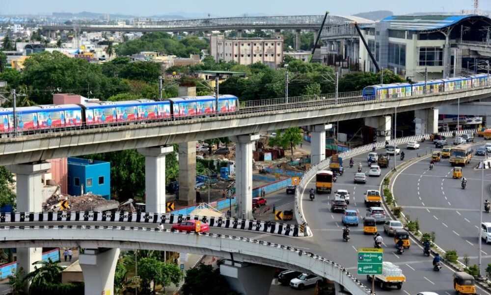 Chennai Metro train and modern urban transportation infrastructure in Tamil Nadu.