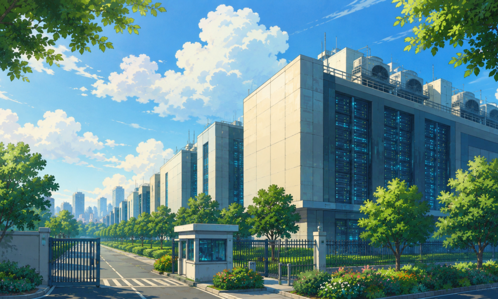Studio Ghibli inspired illustration of a modern data centre campus in India featuring large server buildings, landscaped gardens, a secure entrance and a distant city skyline under a bright blue sky.