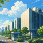 Studio Ghibli inspired illustration of a modern data centre campus in India featuring large server buildings, landscaped gardens, a secure entrance and a distant city skyline under a bright blue sky.