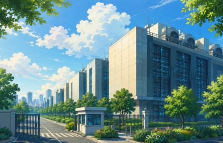 Studio Ghibli inspired illustration of a modern data centre campus in India featuring large server buildings, landscaped gardens, a secure entrance and a distant city skyline under a bright blue sky.