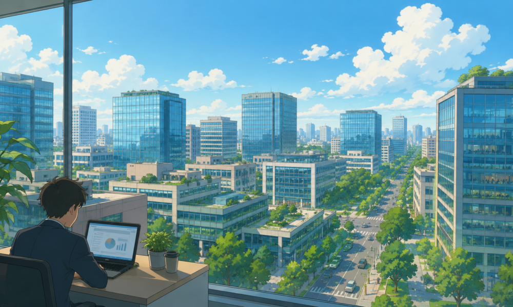 Modern office towers in an Indian business district representing commercial real estate and office leasing trends during H1 2026.