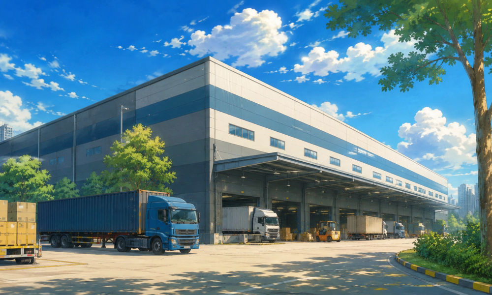 Large modern warehouse facility with trucks loading goods at a logistics park in India