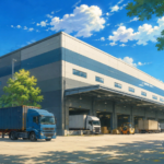Large modern warehouse facility with trucks loading goods at a logistics park in India