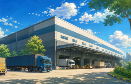 Large modern warehouse facility with trucks loading goods at a logistics park in India