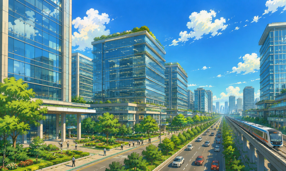 Modern Grade A office towers in a thriving Indian business district representing record commercial office leasing.