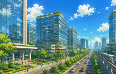 Modern Grade A office towers in a thriving Indian business district representing record commercial office leasing.