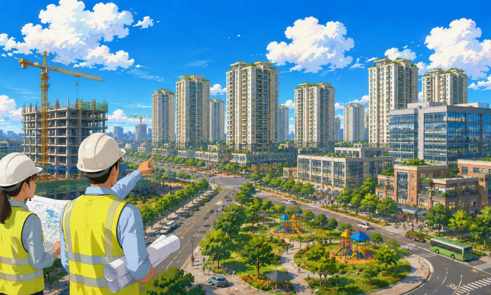 Modern government residential towers and office buildings under redevelopment in Delhi.