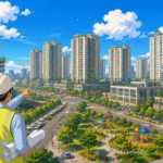 Modern government residential towers and office buildings under redevelopment in Delhi.