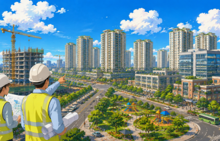 Modern government residential towers and office buildings under redevelopment in Delhi.