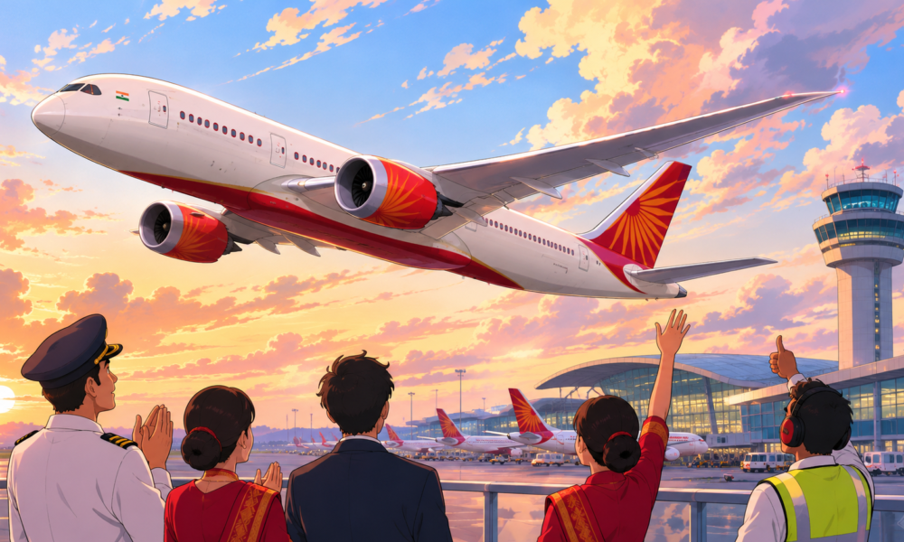 An Air India aircraft on the airport runway representing the airline's fourth-place global ranking for on-time performance in June 2026.