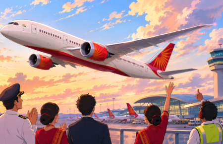 An Air India aircraft on the airport runway representing the airline's fourth-place global ranking for on-time performance in June 2026.